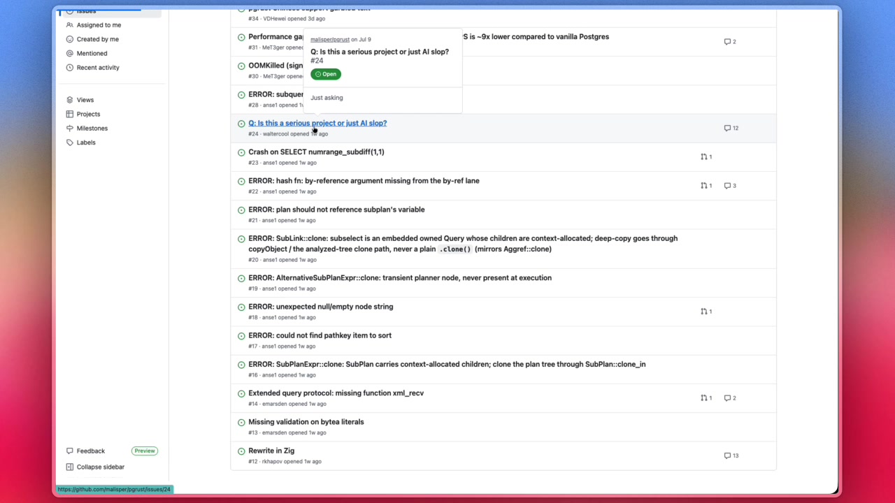 A screenshot of a GitHub issue on the PGRust repository titled "Q: Is this a serious project or just AI slop?", which encapsulates the community's mix of curiosity and skepticism.