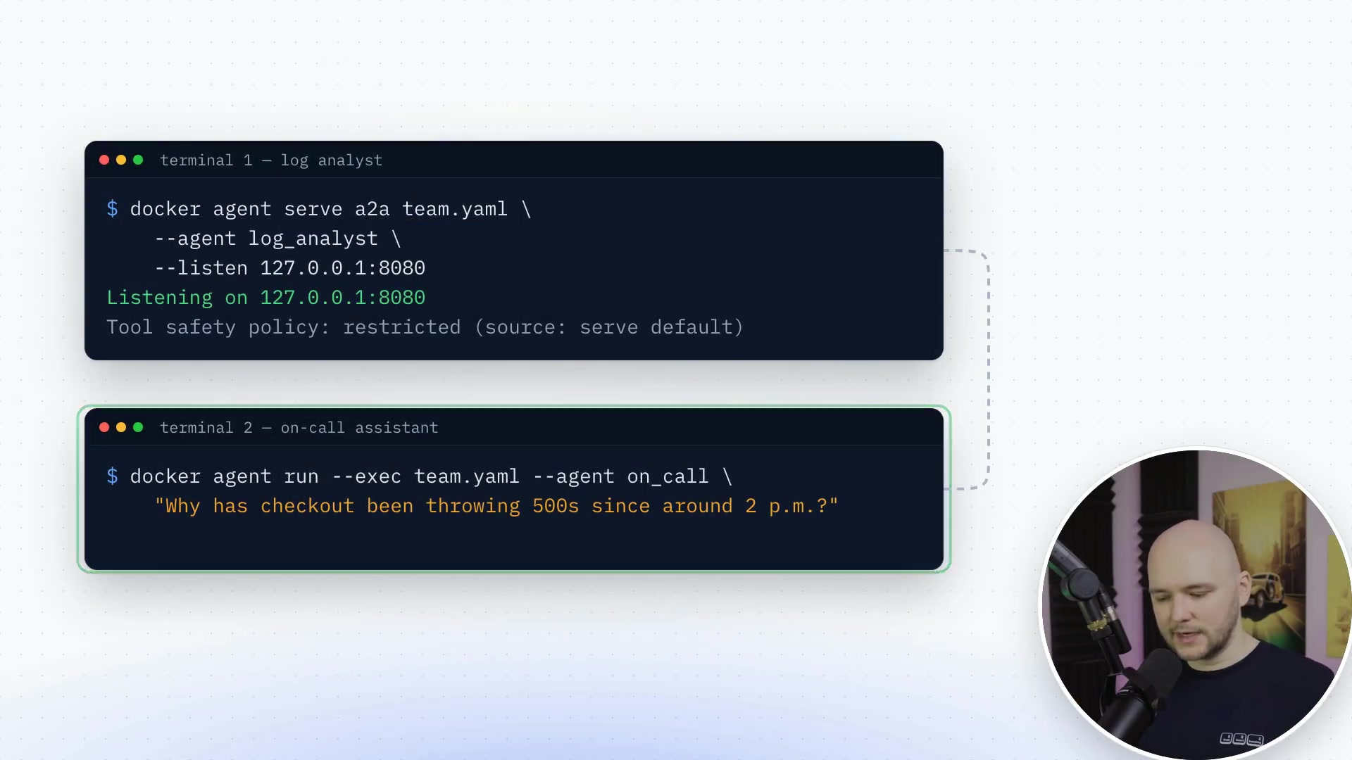 The two terminal windows showing the A2A communication between the `on_call` and `log_analyst` agents.