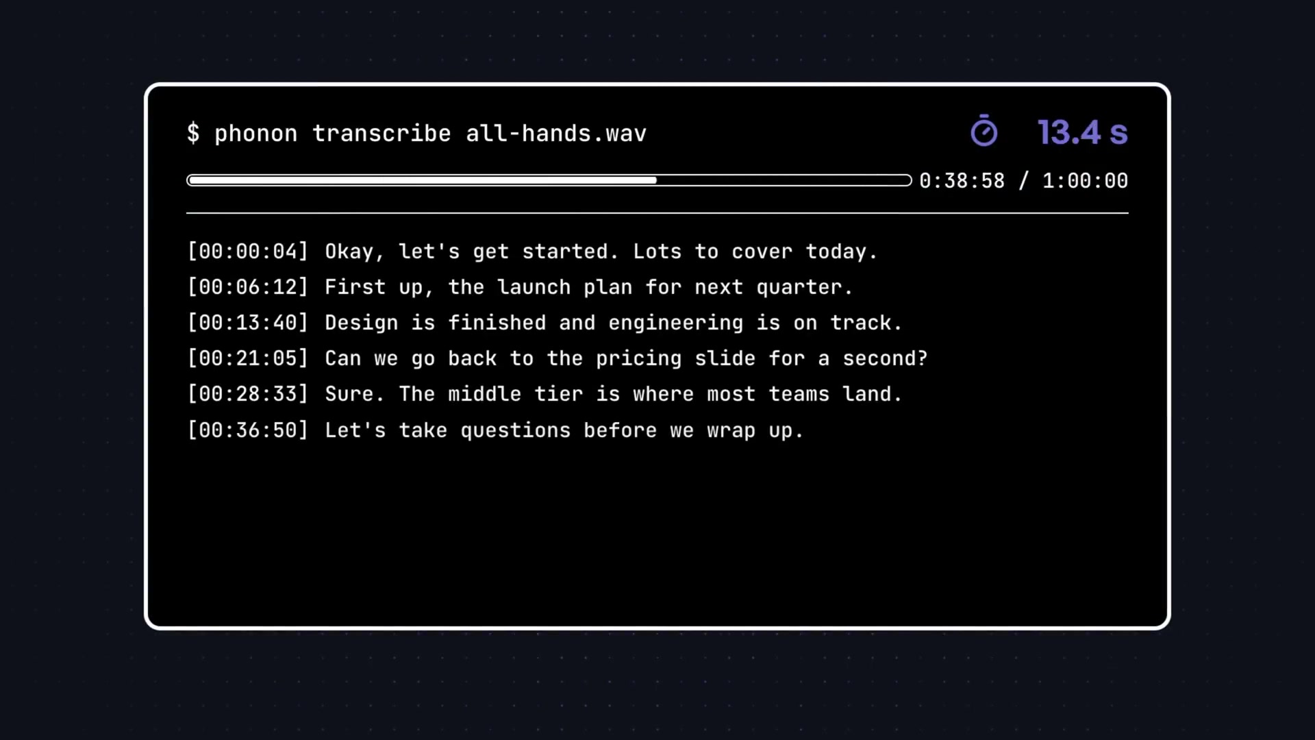 The Phonon-2 CLI showing the progress bar and timestamped transcription output.