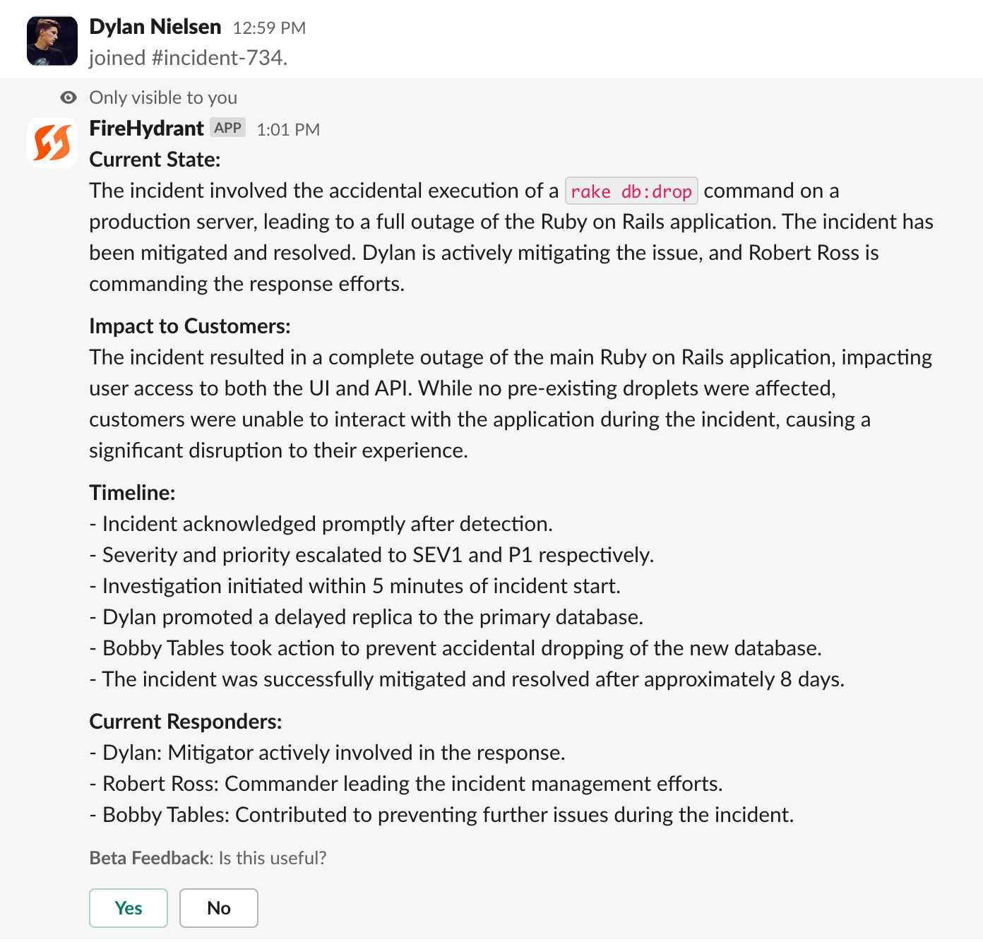 SCREENSHOT: FireHydrant AI summary in incident timeline