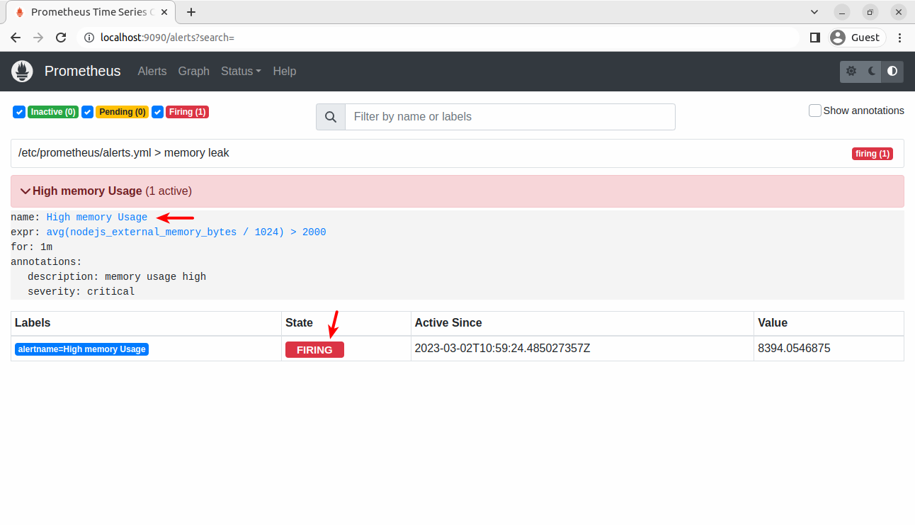 Screenshot of Prometheus comfirming an alert has been fired