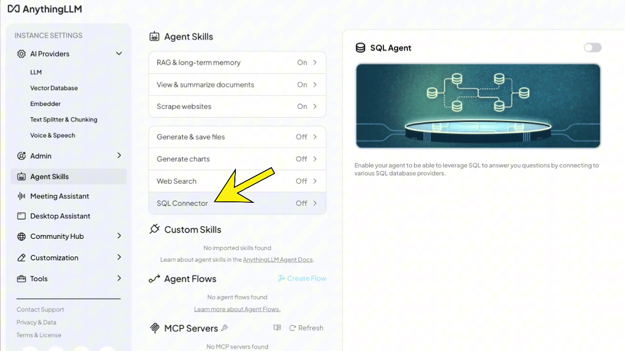 The Agent Skills settings page, highlighting available tools like SQL Connector, Generate & save files, and Web Search.