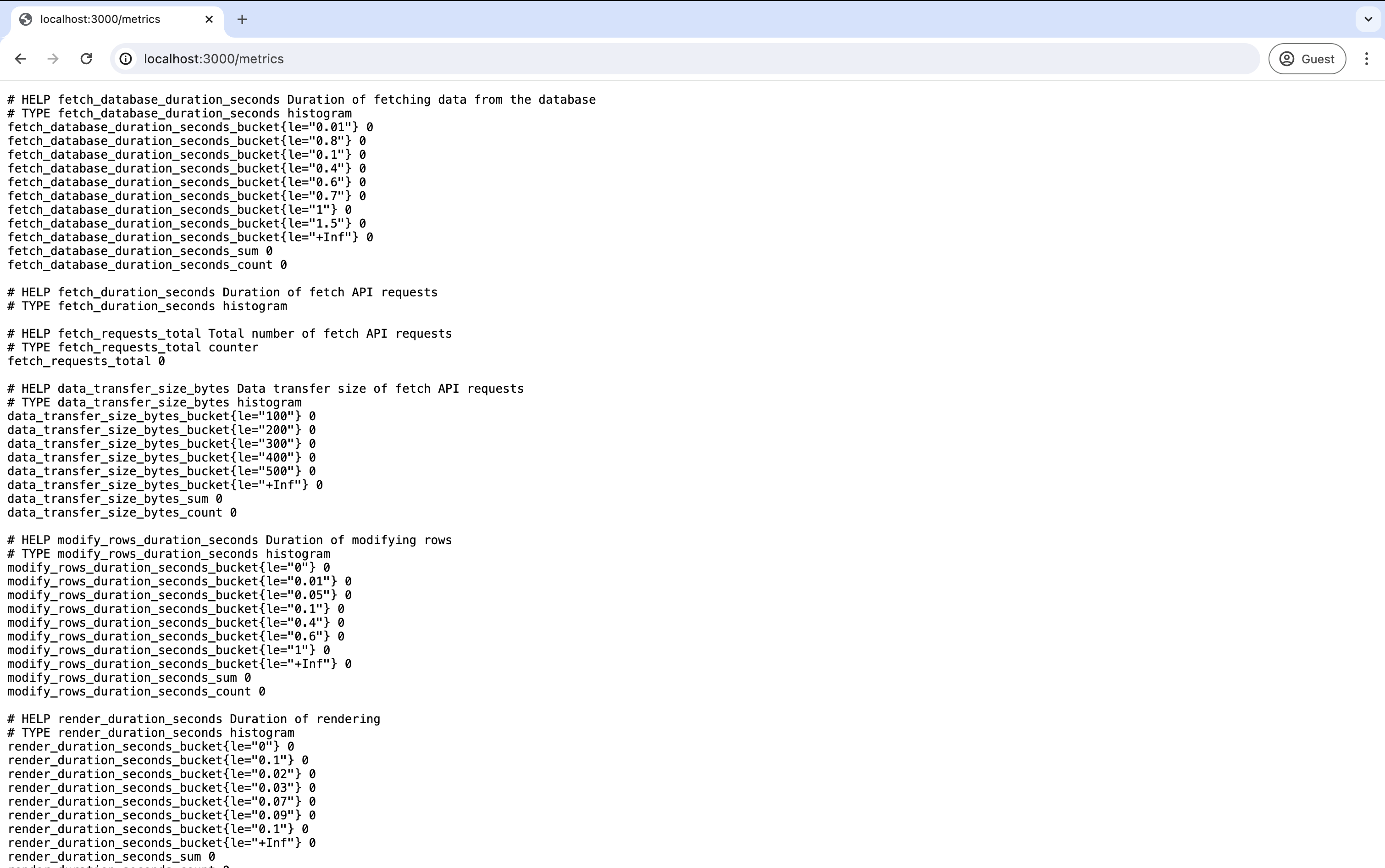 Screenshot showing more metrics added to the `/metrics` endpoint