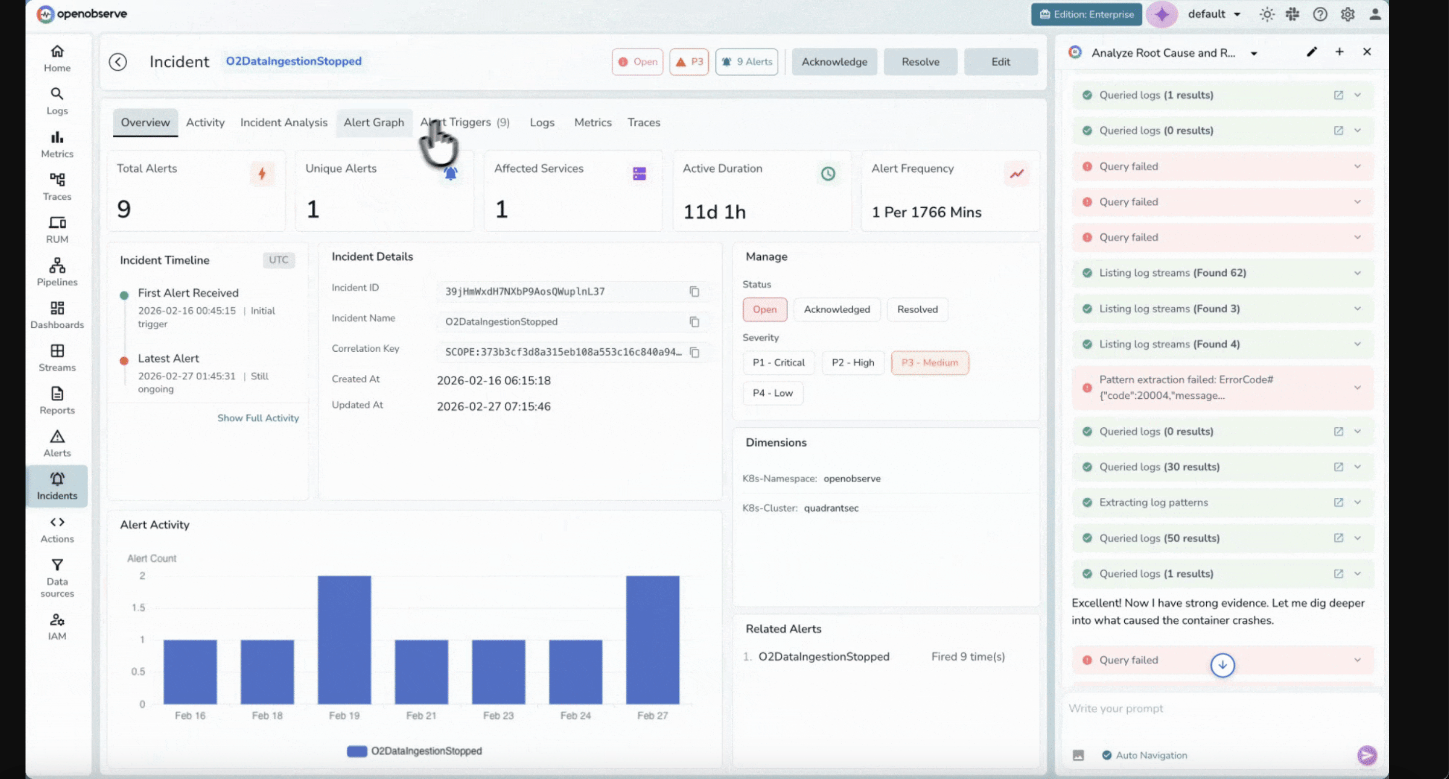 SCREENSHOT: OpenObserve AI SRE investigation view