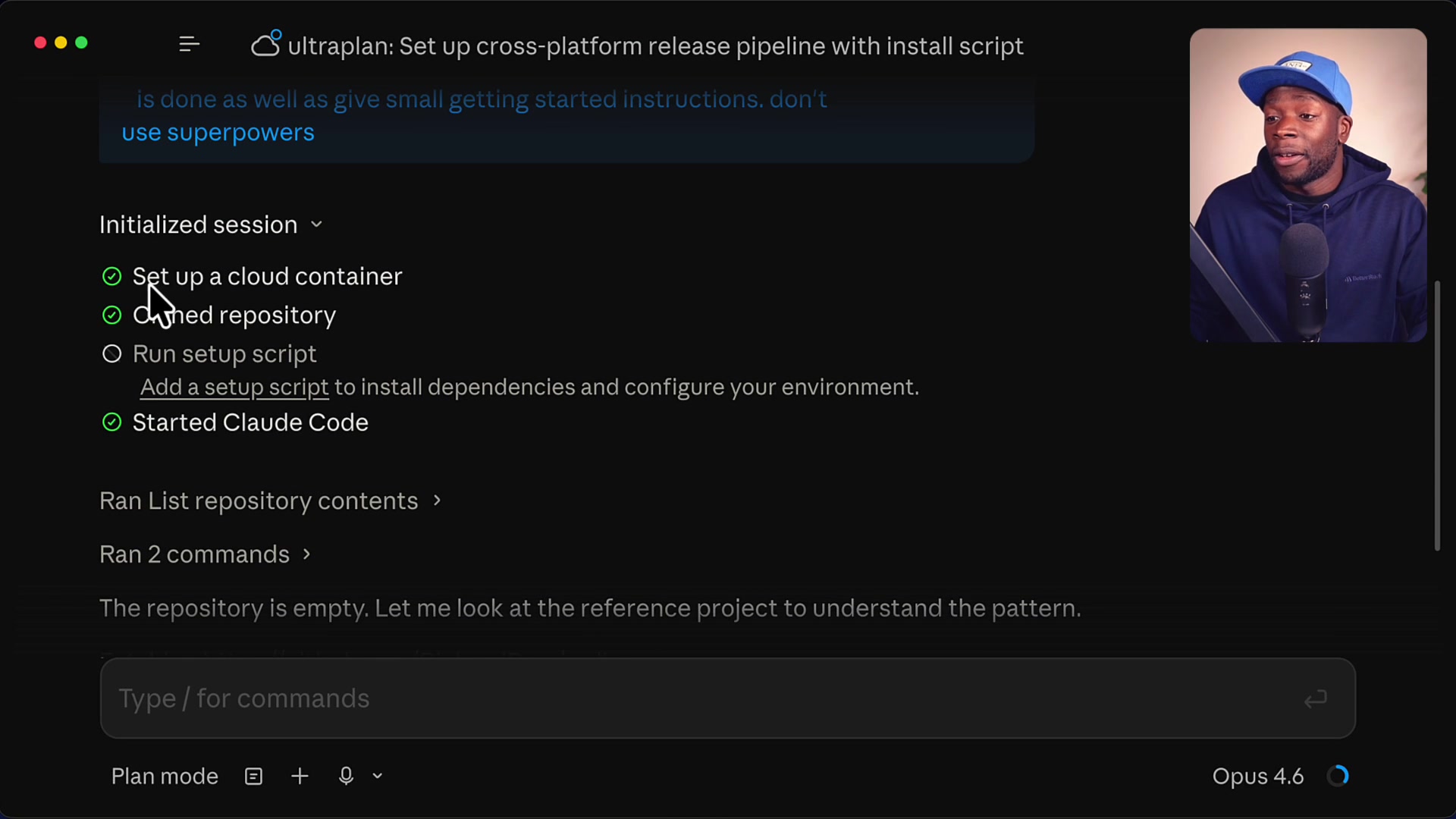Checklist showing the progress of the initialized session with green checkmarks next to "Set up a cloud container" and "Cloned repository"