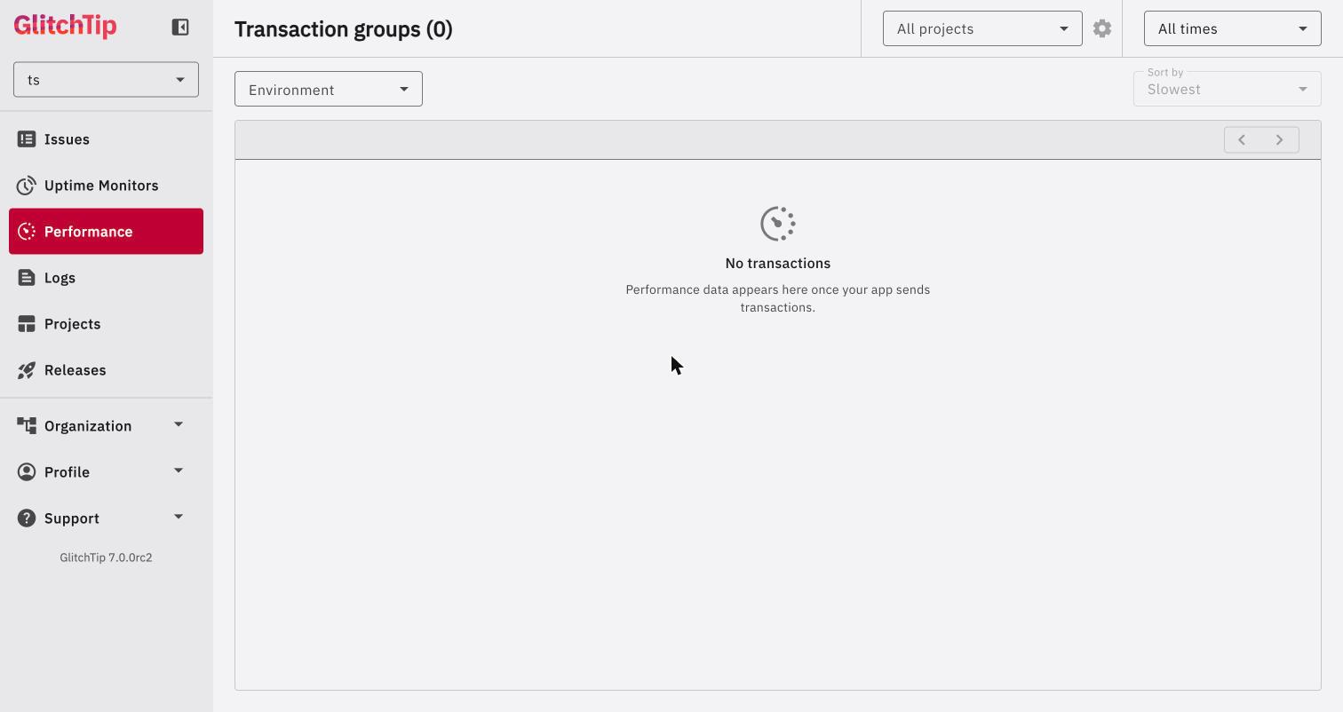 GlitchTip Performance page with no transactions