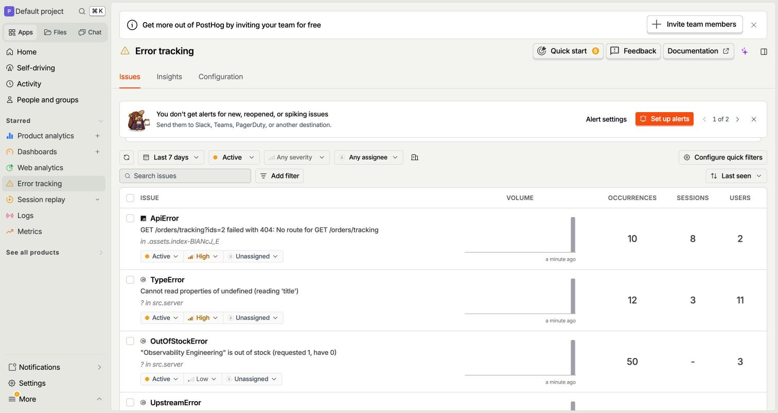 PostHog issues list with volume, occurrences, sessions and users