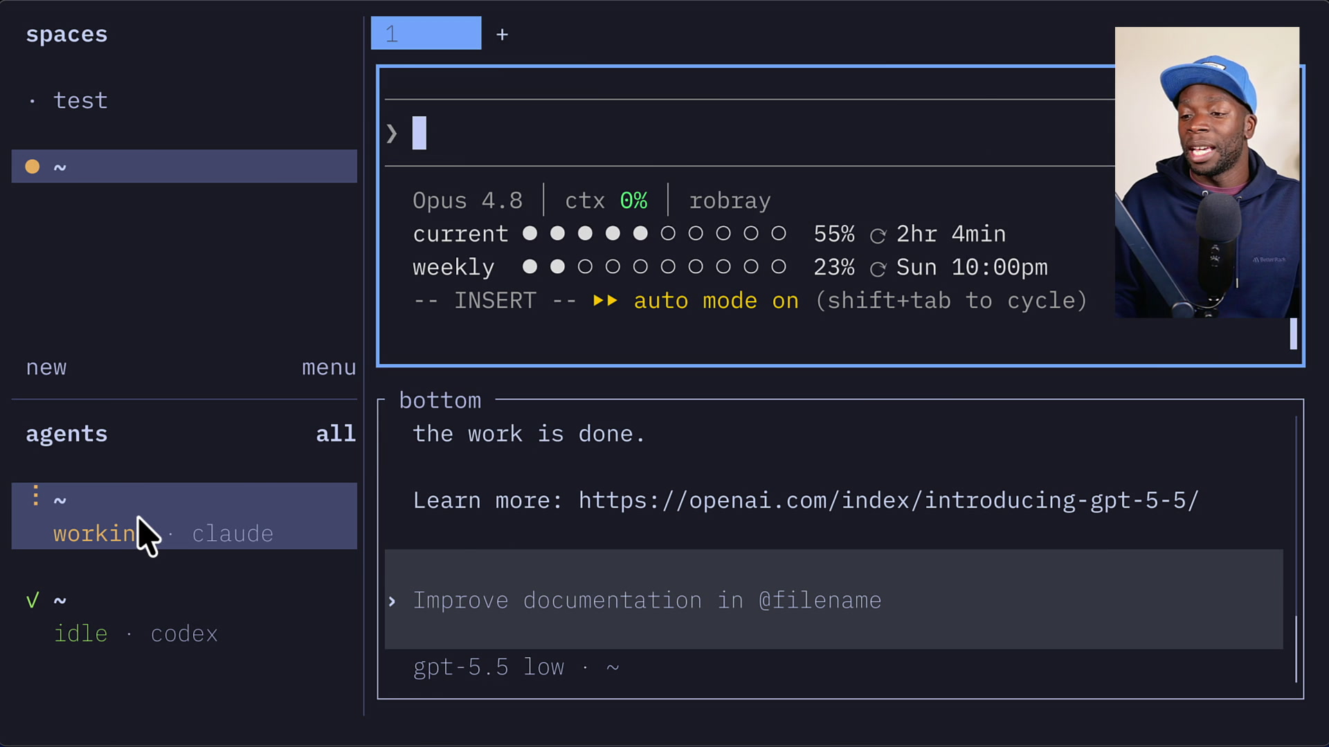 Agent list showing Claude's status changing from idle to working in real-time