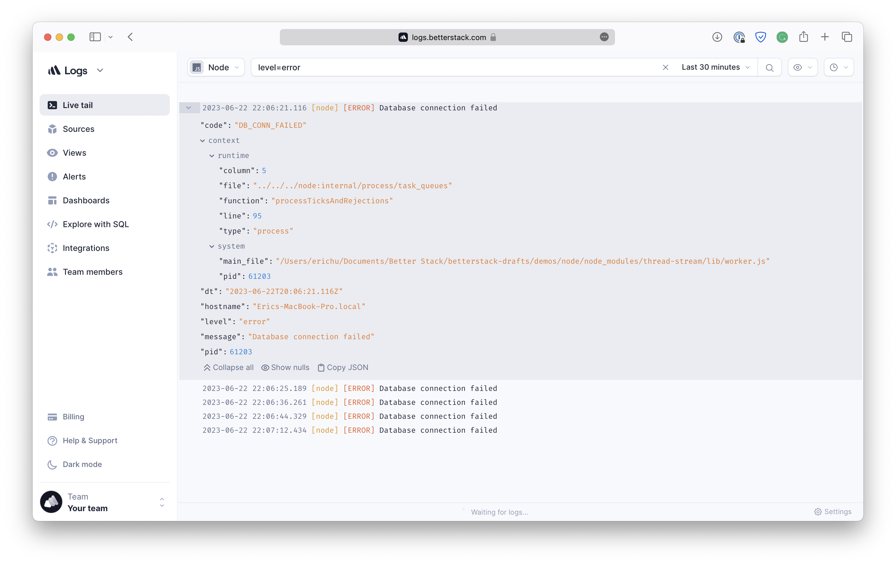 Screenshot of Better Stack logs