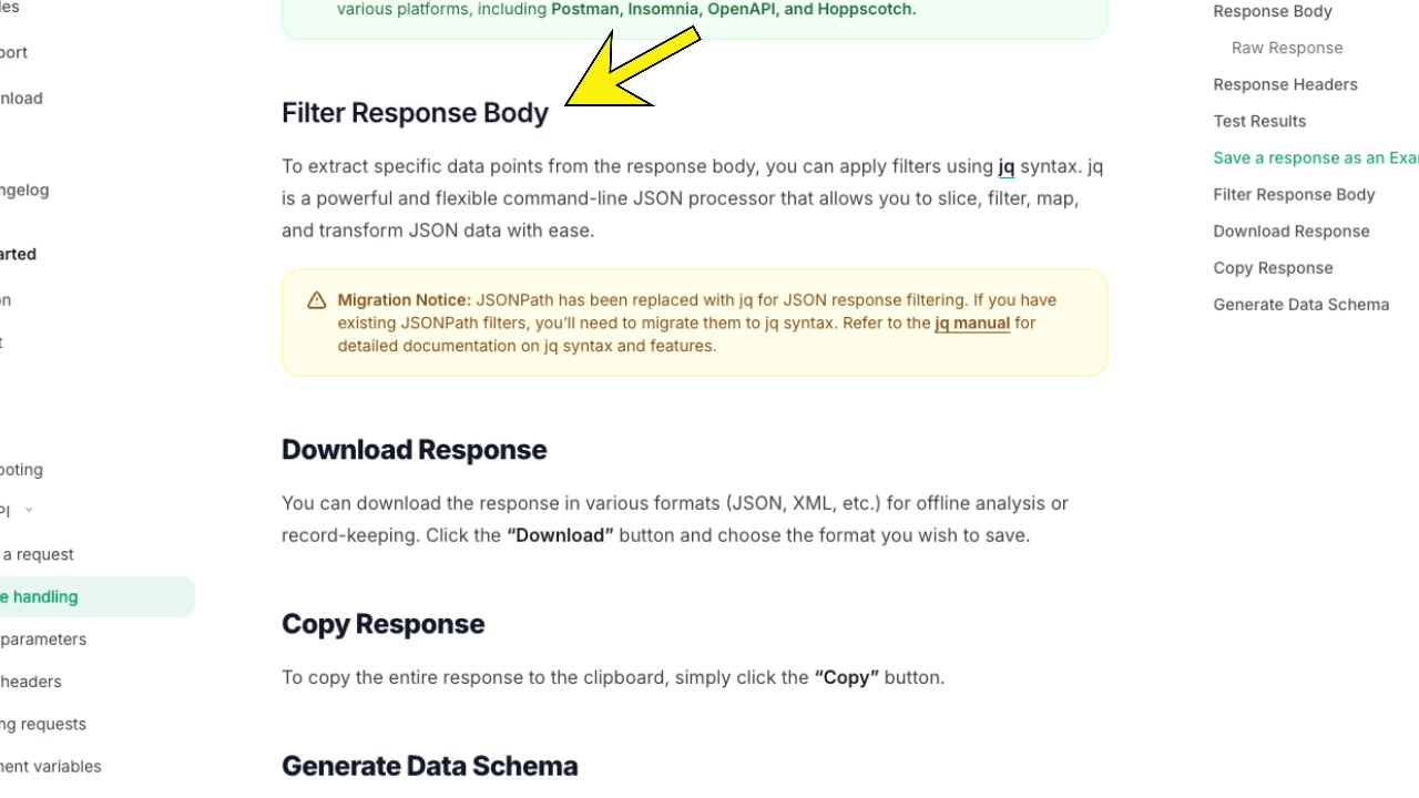 The Hoppscotch documentation page for "Filter Response Body," showing an example of how `jq` syntax is used to extract specific data from a JSON response.