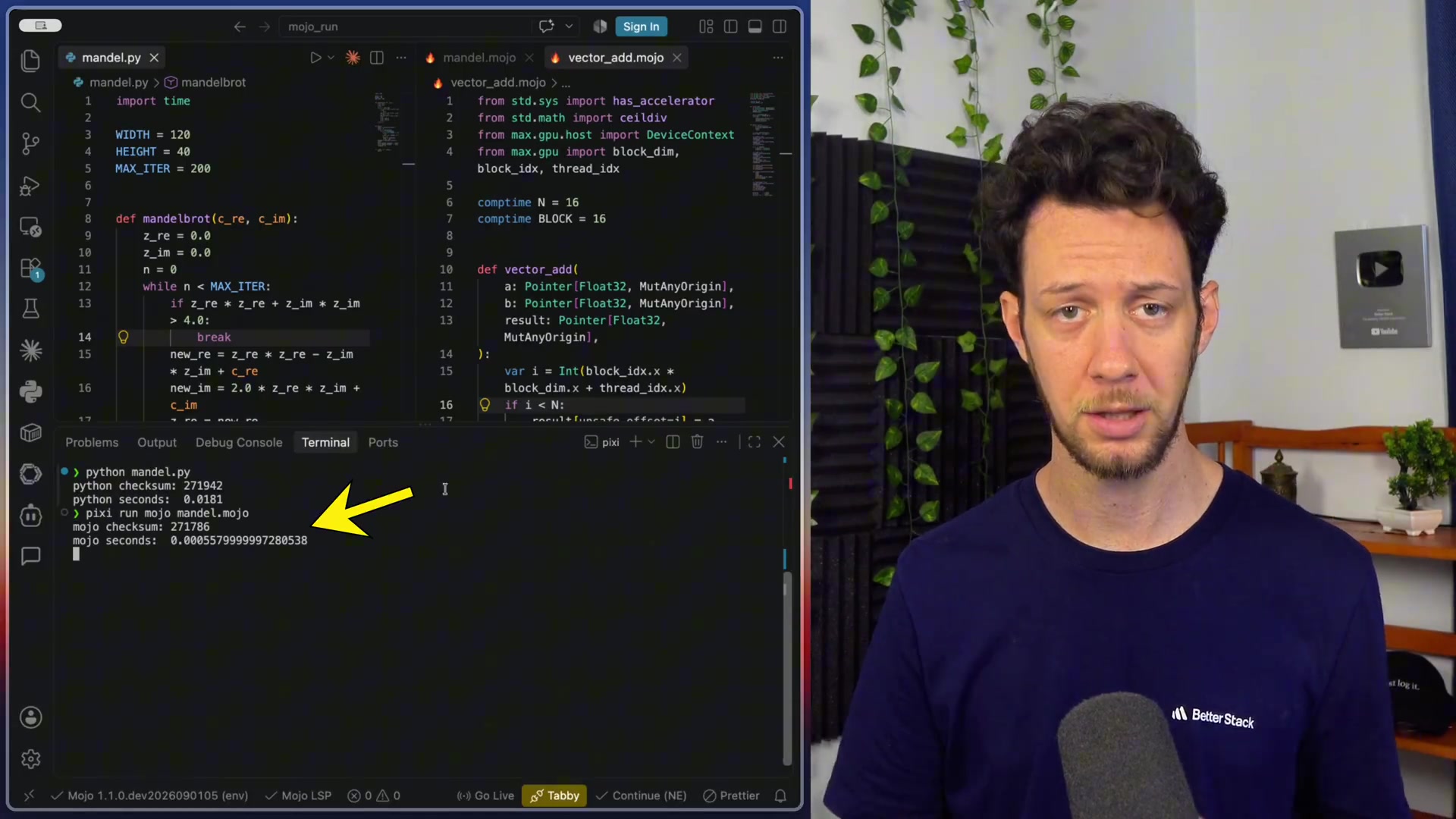 A clear shot of the terminal output showing the Python execution time and the significantly faster Mojo execution time for the same task.