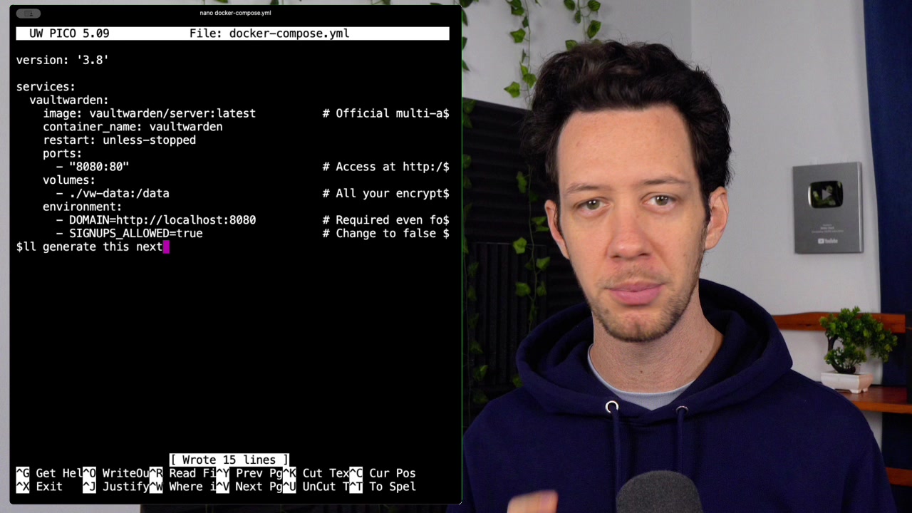 The docker-compose.yml file displayed in the nano text editor