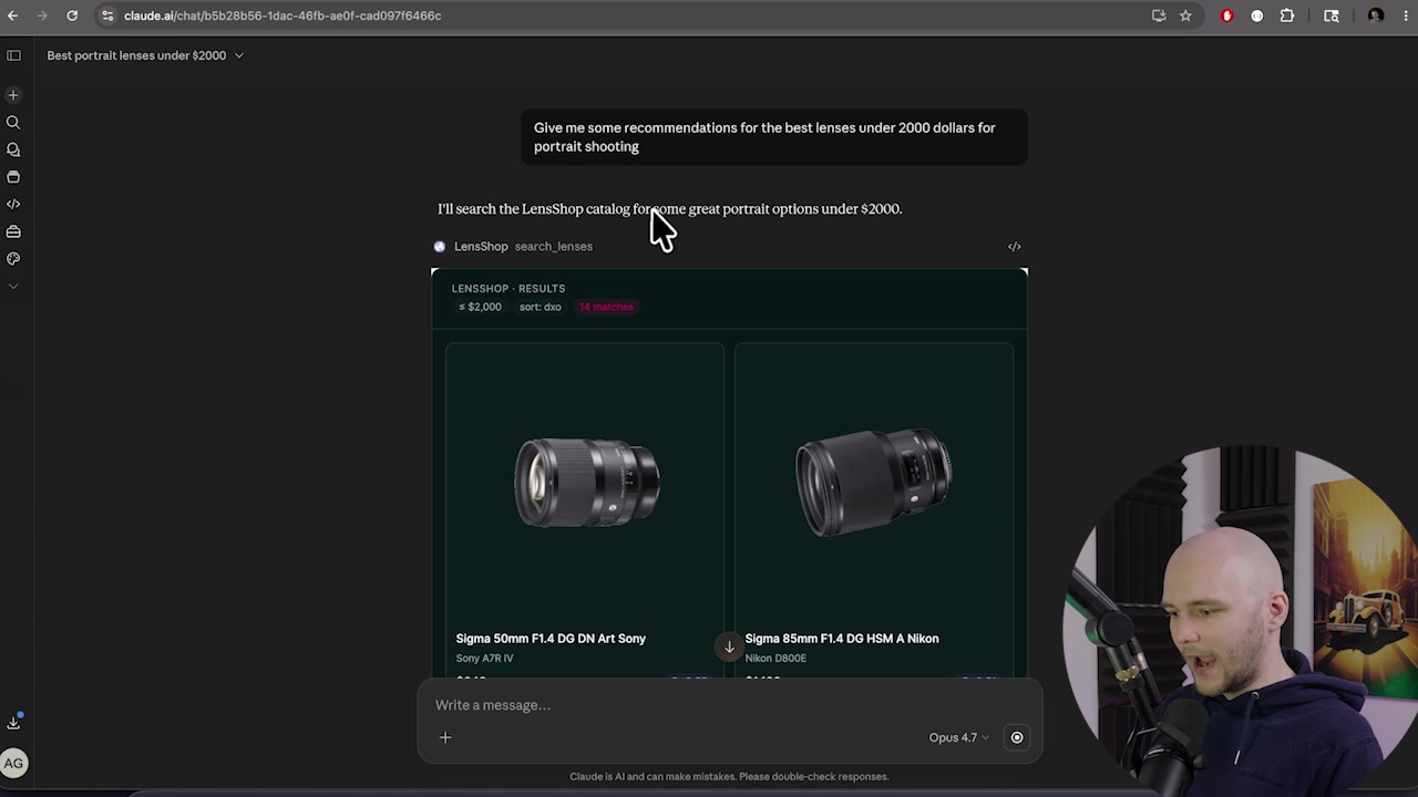 Final MCP app running live inside the Claude.ai interface showing a rich widget with camera lens products