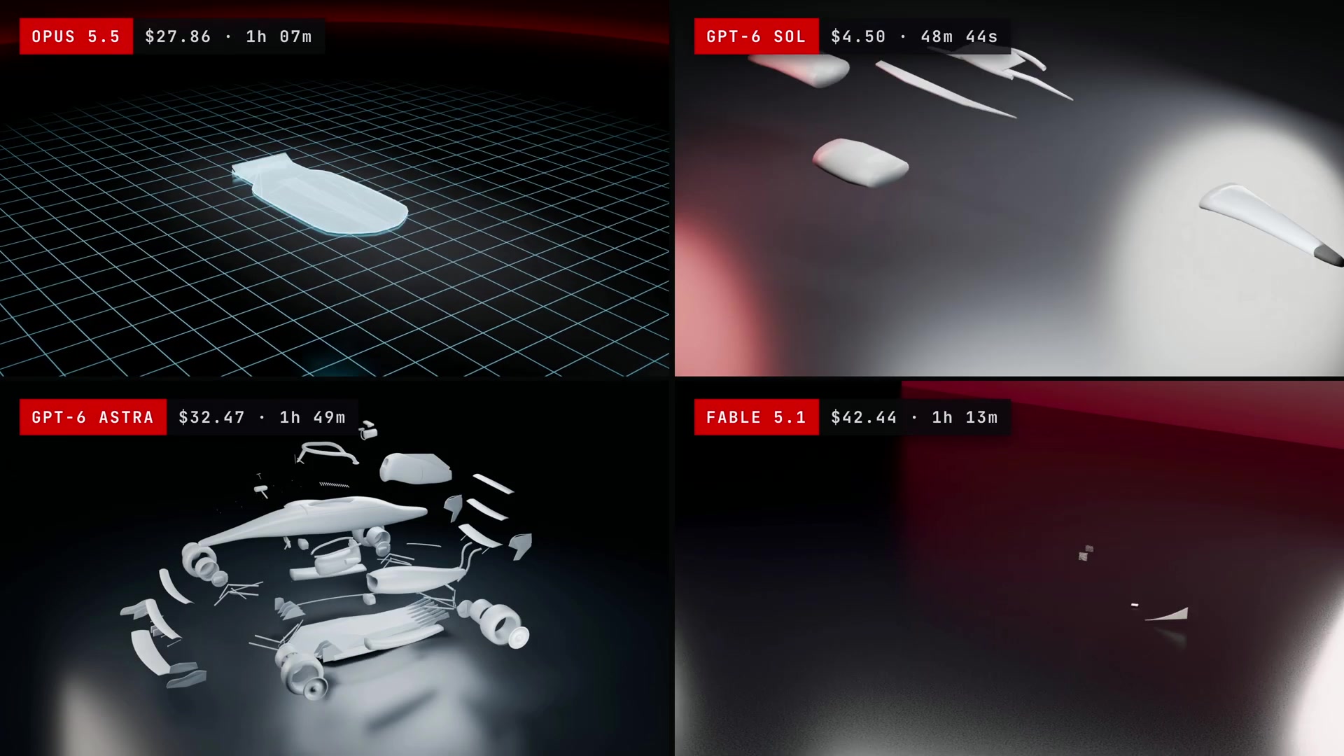 A four-panel split-screen showing the final build animations from all four AI models simultaneously.
