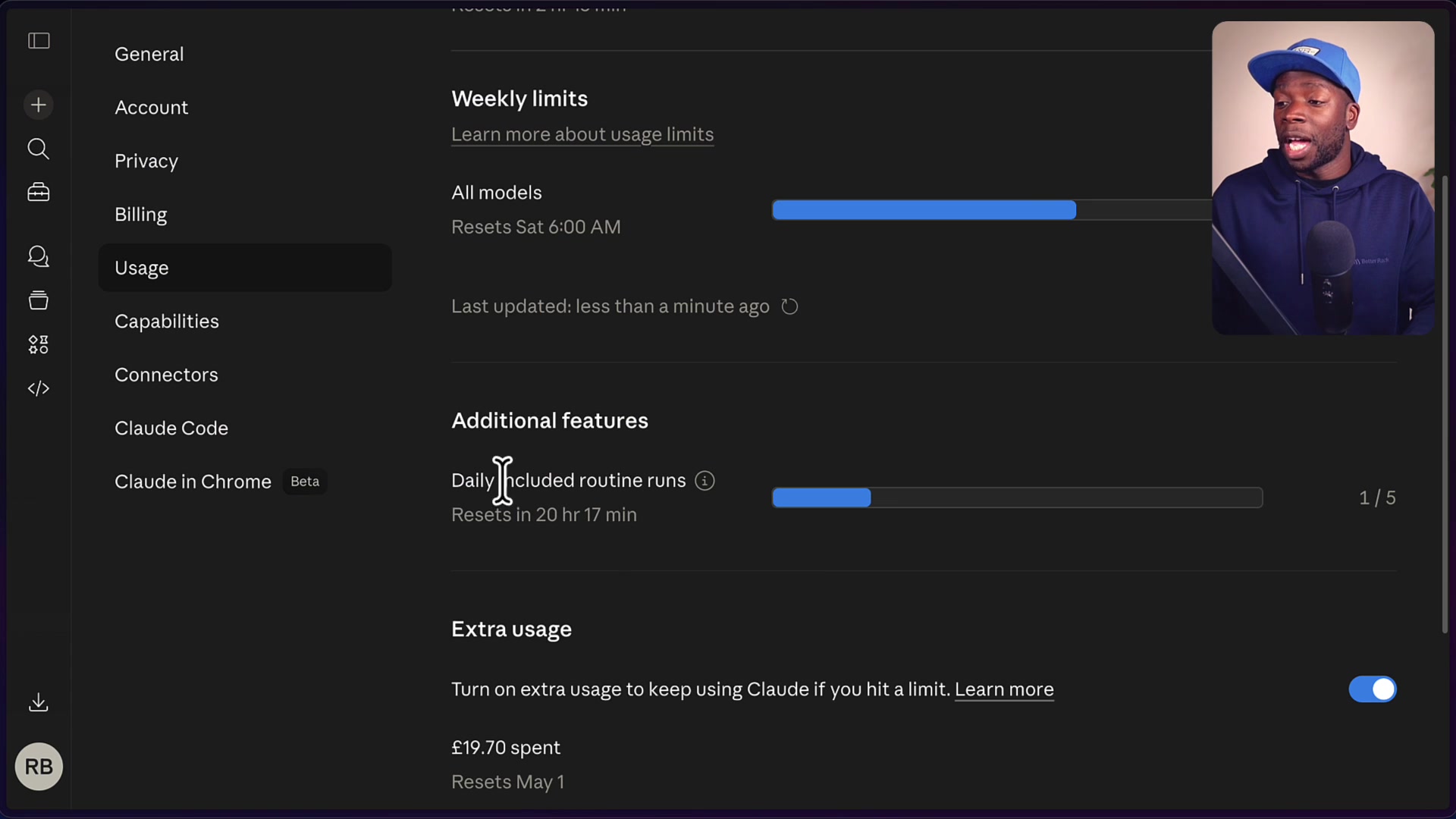 The "Usage" settings page showing the "Daily included routine runs" progress bar with 1 out of 5 runs used