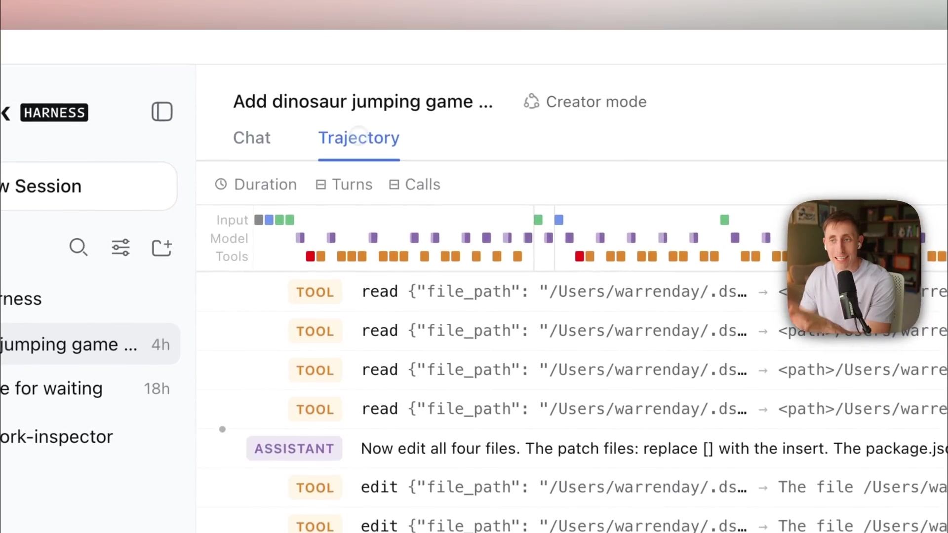 A screenshot of the DeepSeek Harness UI, showing the detailed Trajectory view with a timeline and a log of all agent actions.