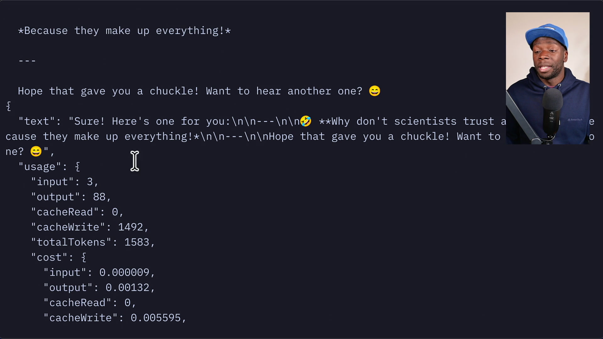 Final JSON output in the terminal with response text, token usage, cost, and model ID