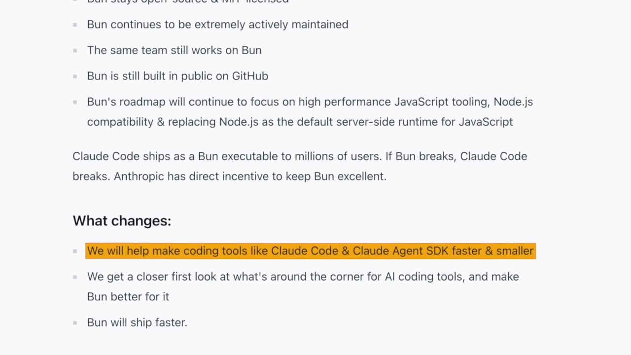 A screenshot of the "What changes" section from the Bun blog post, with the points about making tools faster and smaller, getting a closer look at AI tools, and shipping Bun faster highlighted.