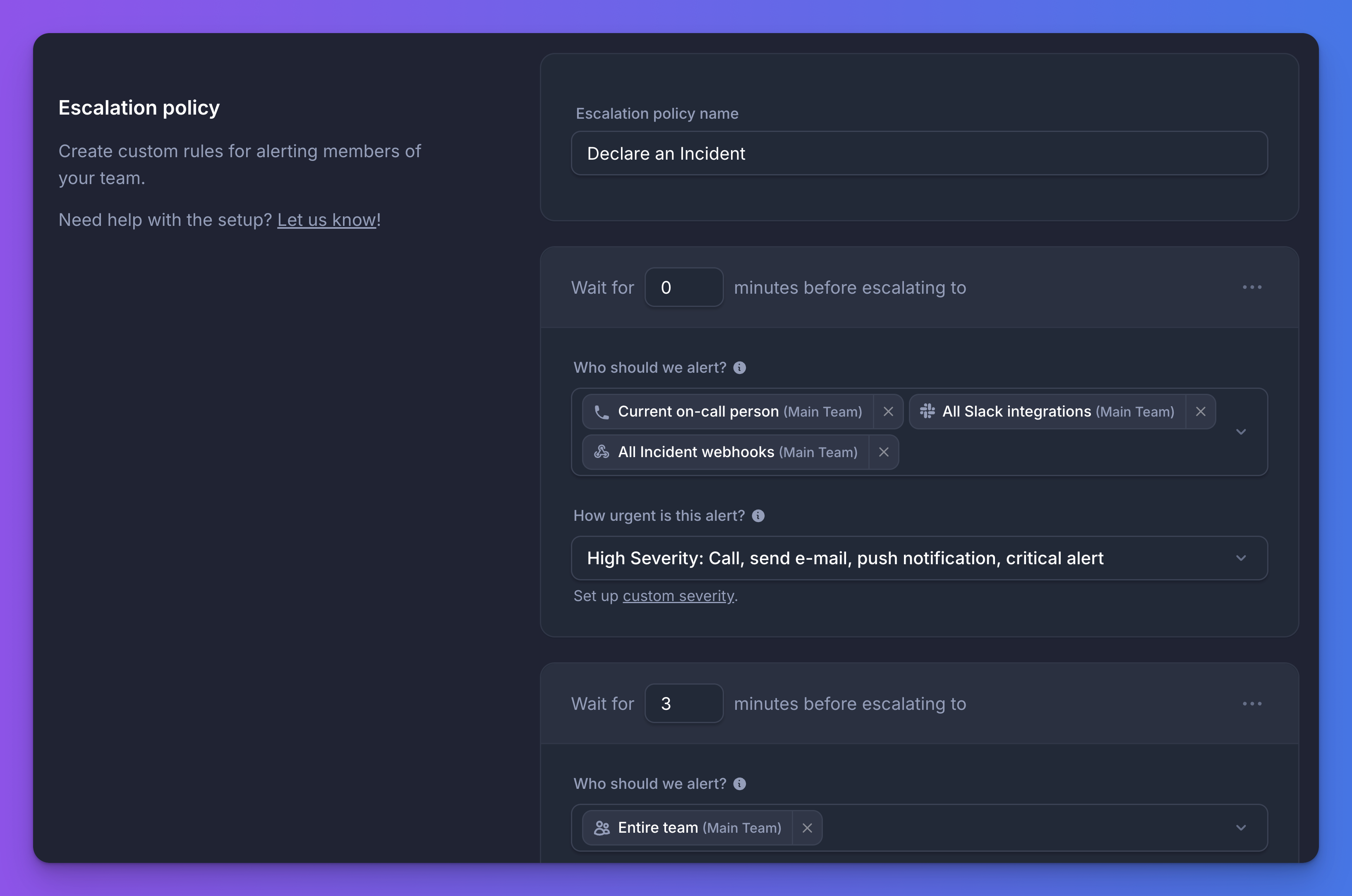 An escalation policy named "Declare an Incident" with steps to call and page the on-call person.