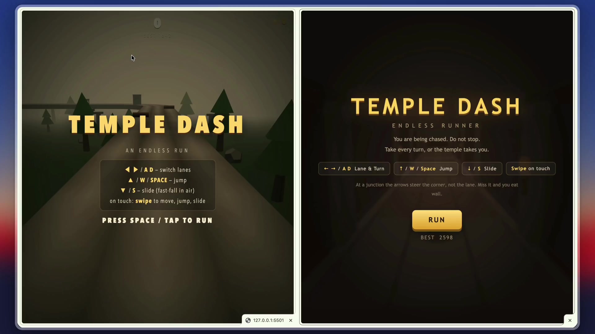 A split-screen comparison showing the final, playable games generated by Qwen (left) and Claude Opus 5 (right).