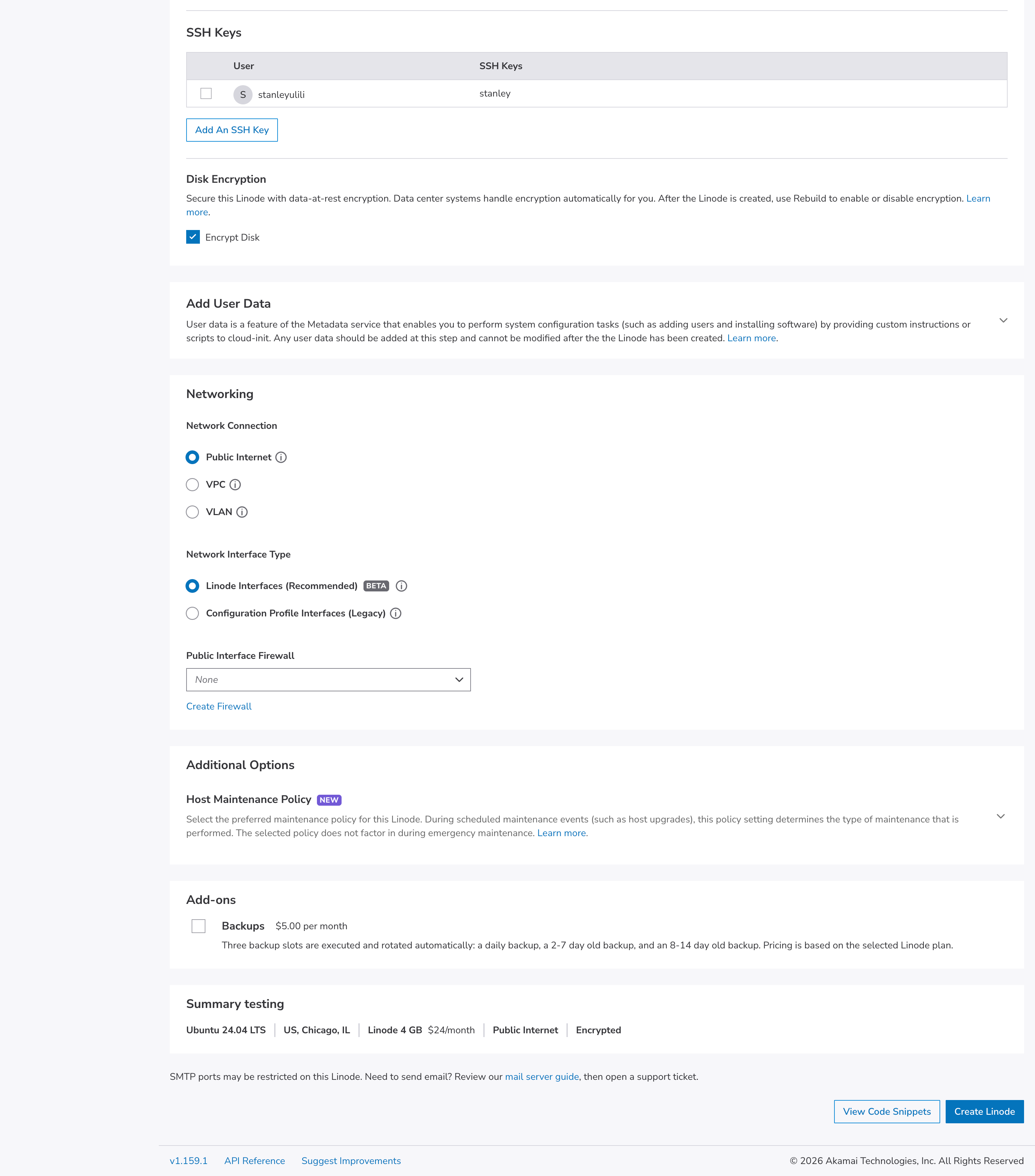 Lower provisioning form showing the Details, Security (root password, SSH keys, disk encryption enabled), and Networking sections (Public Internet selected, Linode Interfaces beta selected)