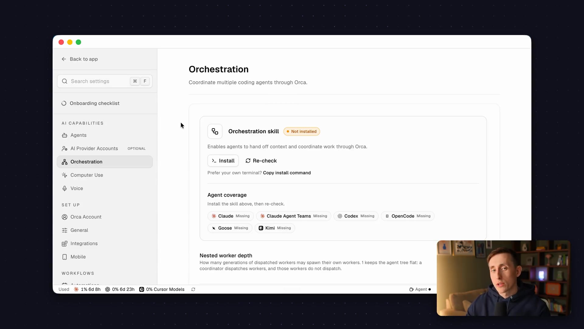 Orca's settings screen for Orchestration, showing the option to install the "Orchestration-skill".