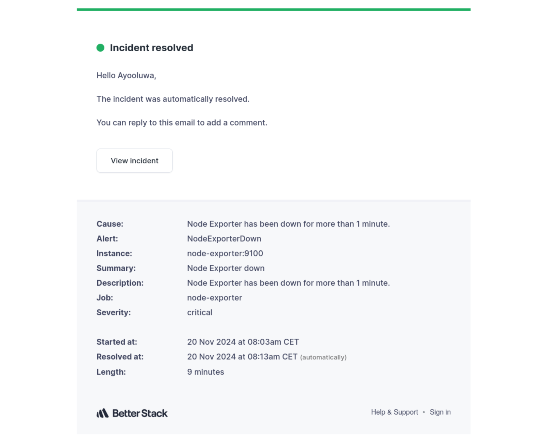 Better Stack email resolved