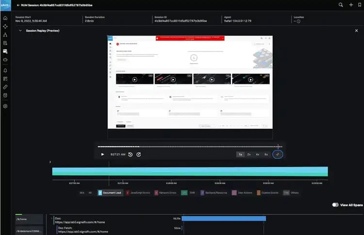 SCREENSHOT: Splunk RUM session replay interface