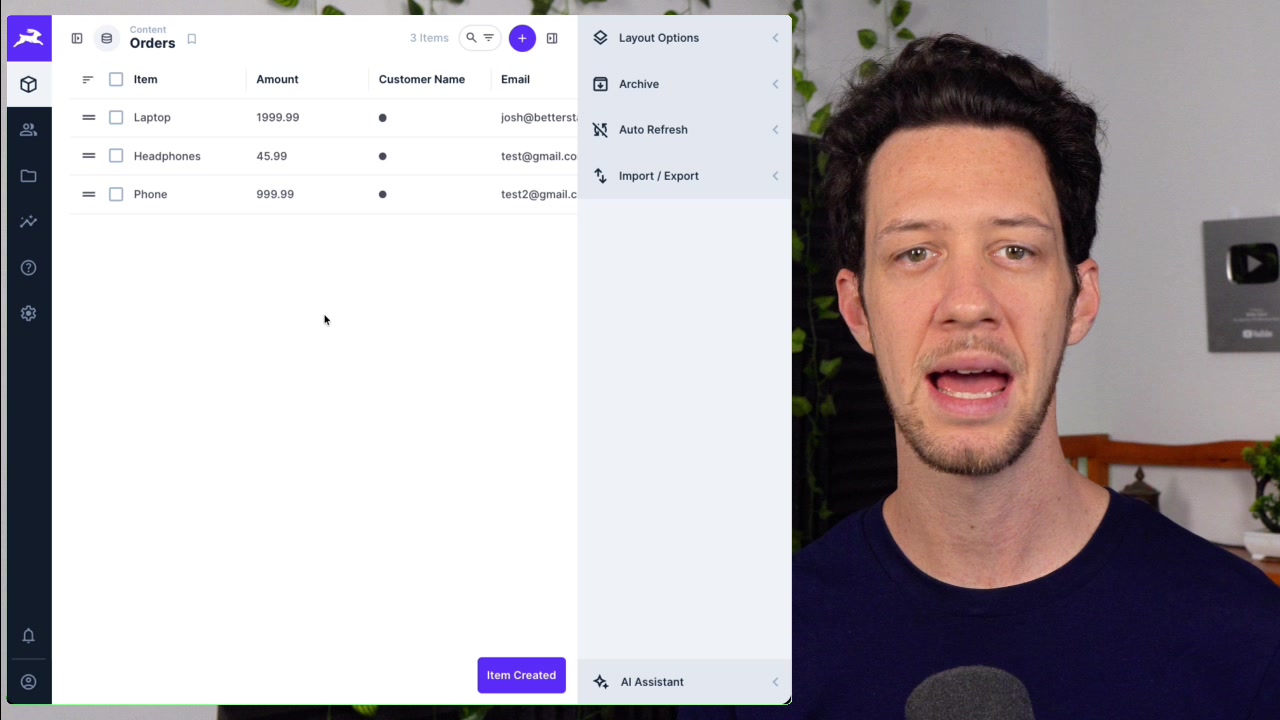 Content view for the orders collection showing a table populated with three sample orders