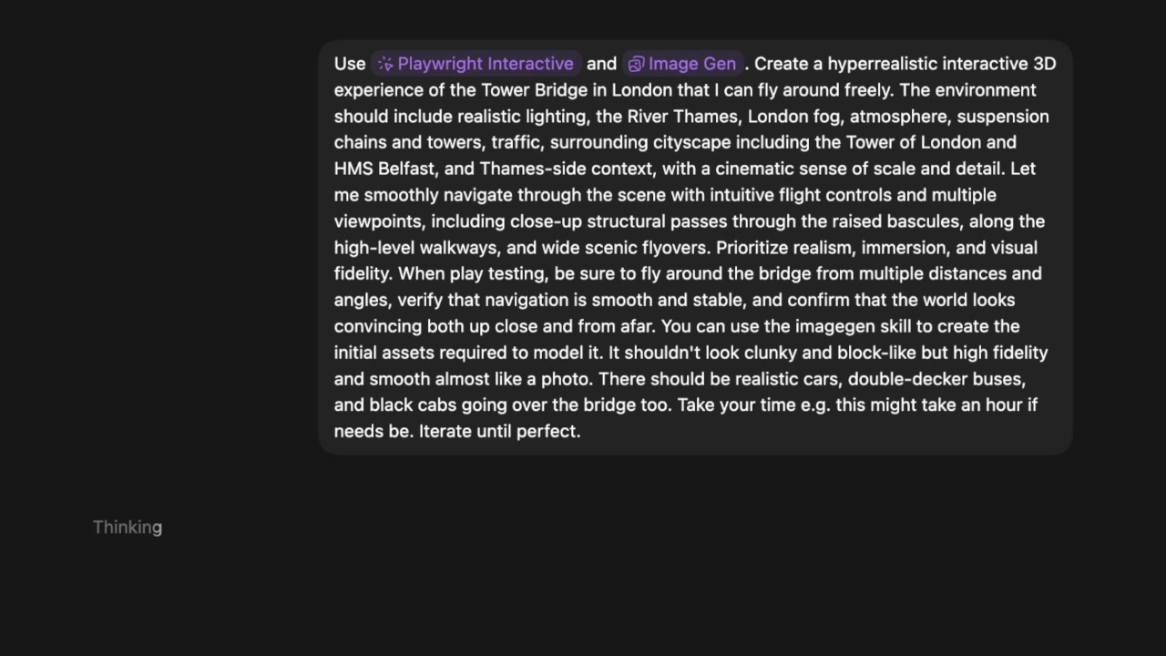 The detailed initial prompt used to create the Tower Bridge 3D experience, specifying the use of Playwright Interactive and Image Gen skills