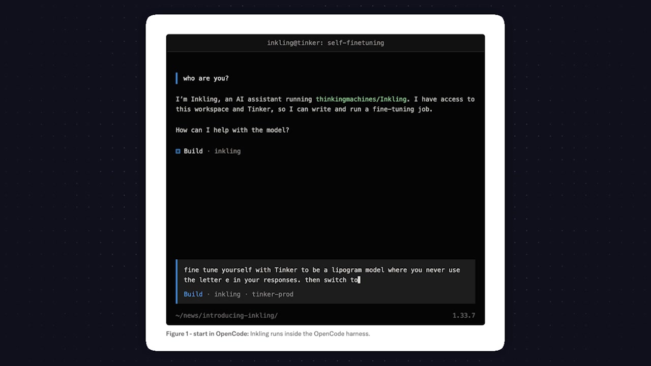 The command line interface showing Inkling being prompted to fine-tune itself, followed by the code it generates to create the training objective.