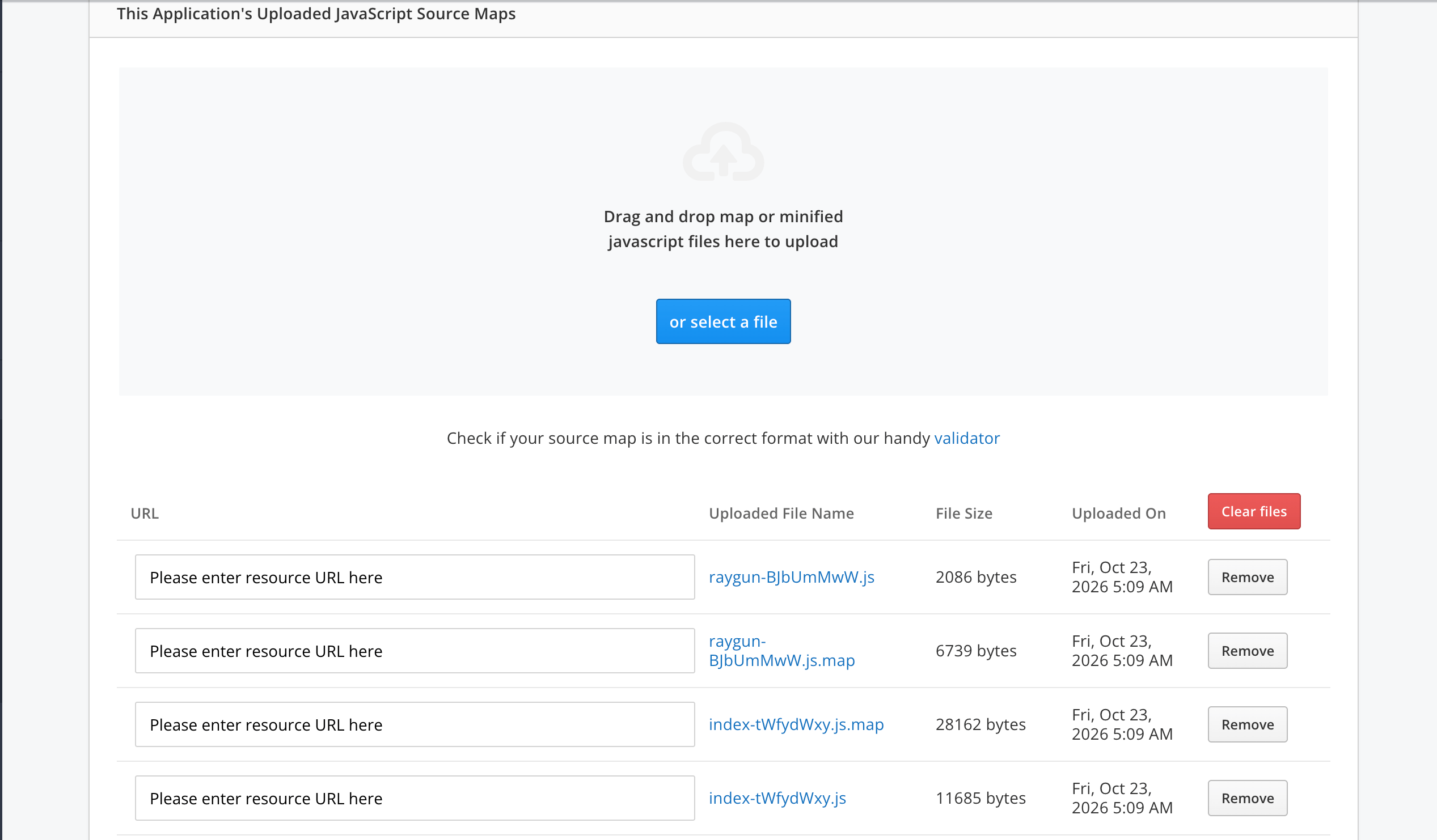 Raygun JS Source Map Center after upload, with every file unlabelled