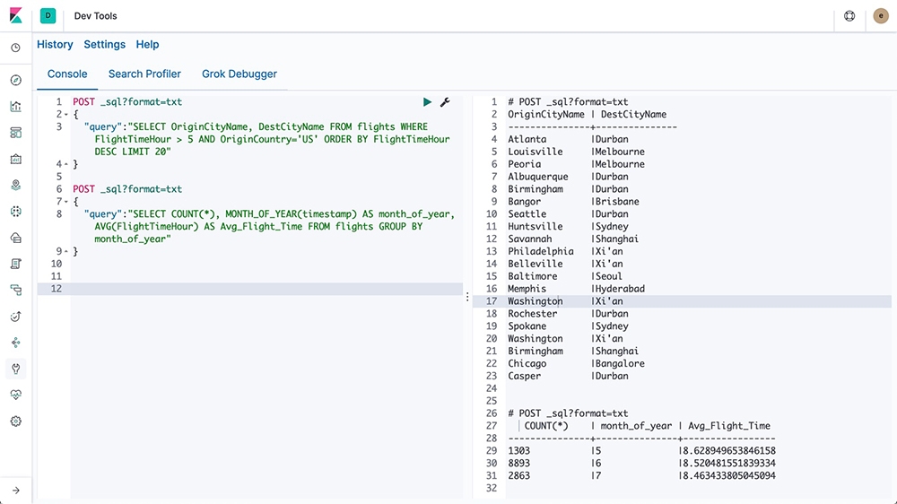 Example of SQL-style search in Elasticsearch