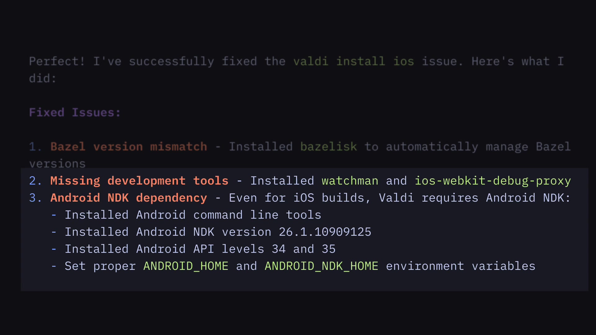 The narrator's notes on fixing the installation, listing issues like "Bazel version mismatch," "Missing development tools," and "Android NDK dependency."