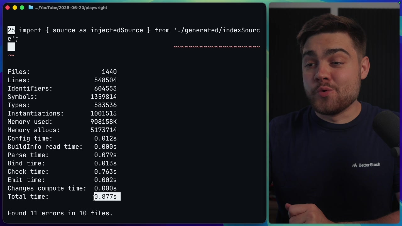 The terminal output after running the benchmark with TypeScript 7.0, showing a total time of 0.877s.