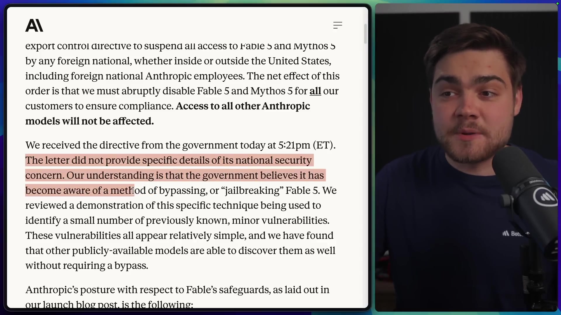 Text from the statement is highlighted, focusing on the government's concern over a method of "bypassing, or 'jailbreaking' Fable 5."