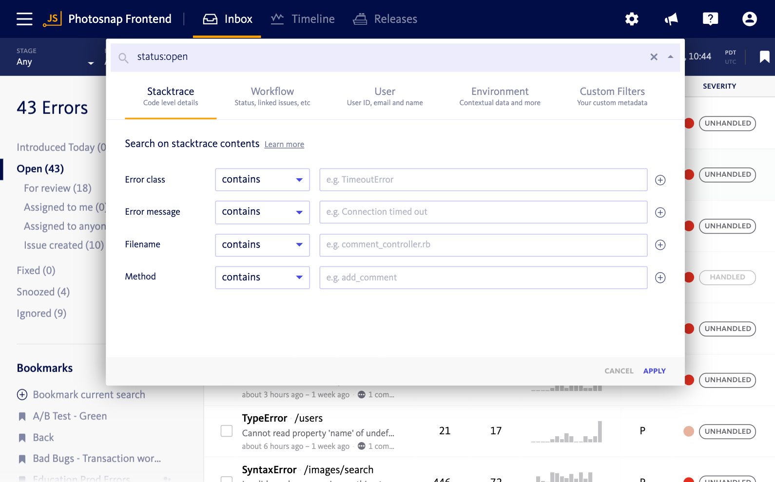 Screenshot of Bugsnag