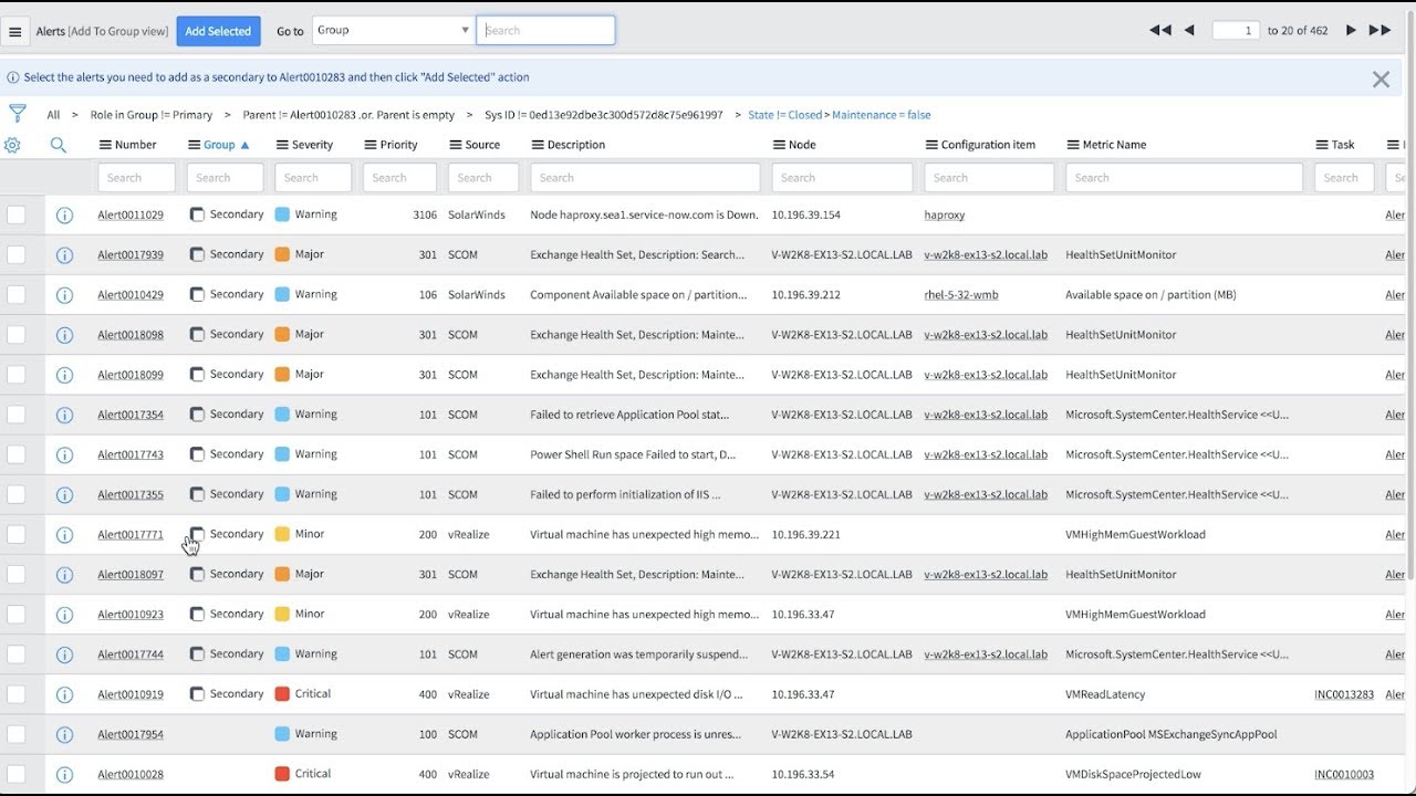 SCREENSHOT: ServiceNow Service Operations Workspace Express List showing correlated alert groups