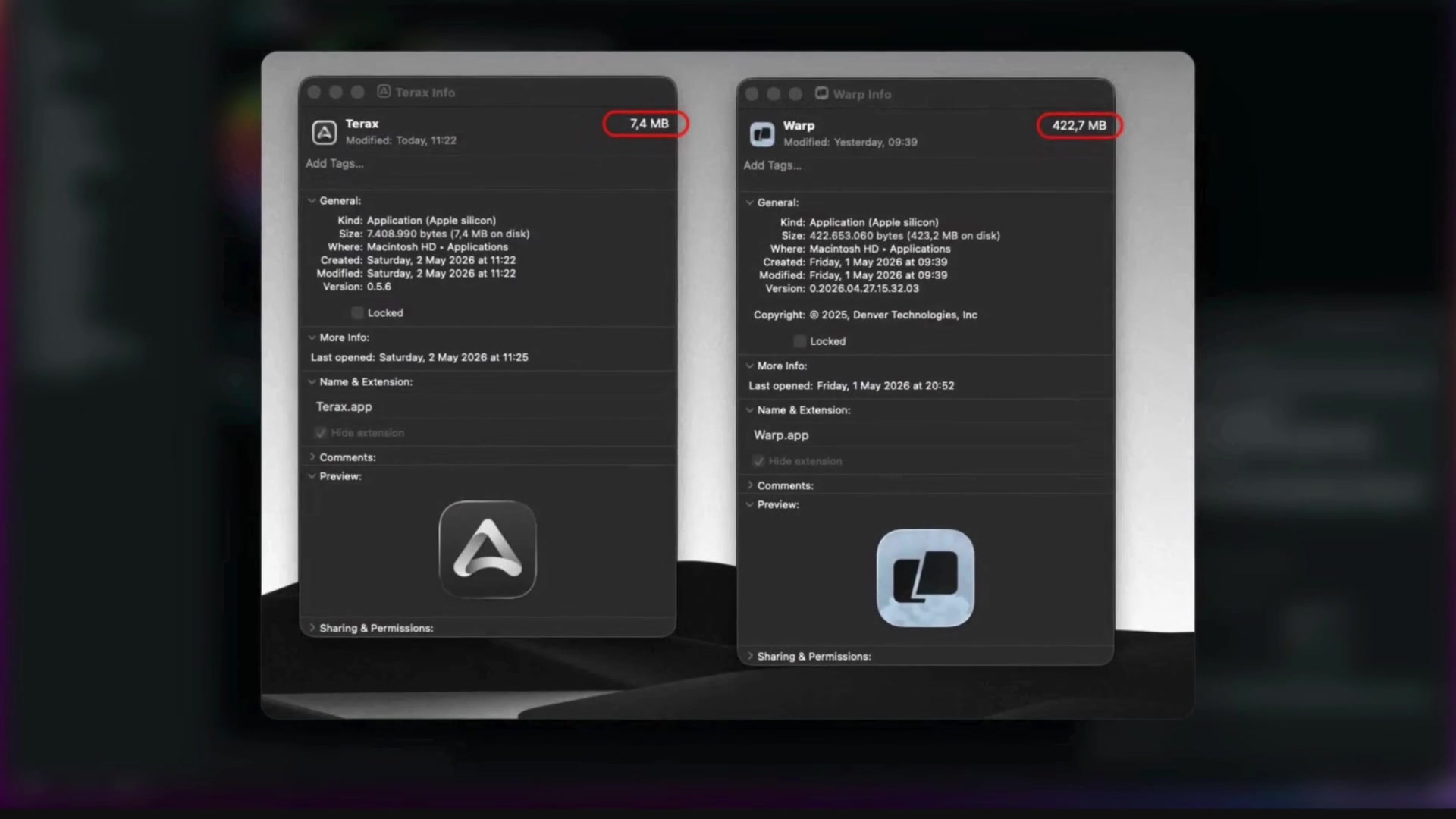 Side-by-side comparison of application info panels showing Terax at 7.4 MB and Warp at 423.7 MB