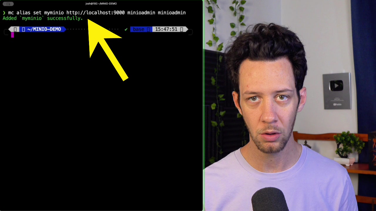 Terminal showing the successful mc alias set command confirming the connection to the local MinIO instance