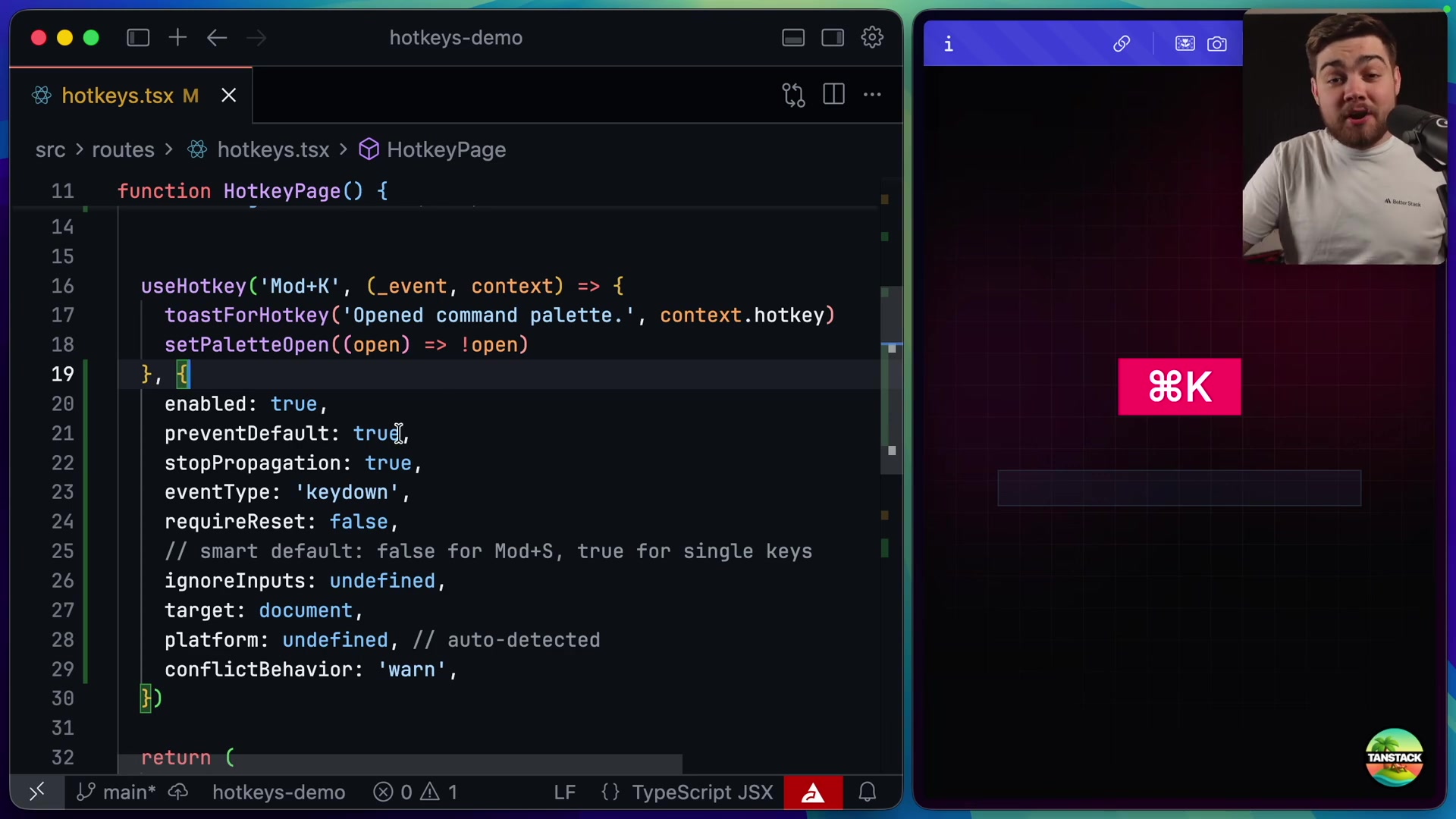 The code editor displaying the available options for the `useHotkey` hook, such as `enabled`, `eventType`, and `target`.