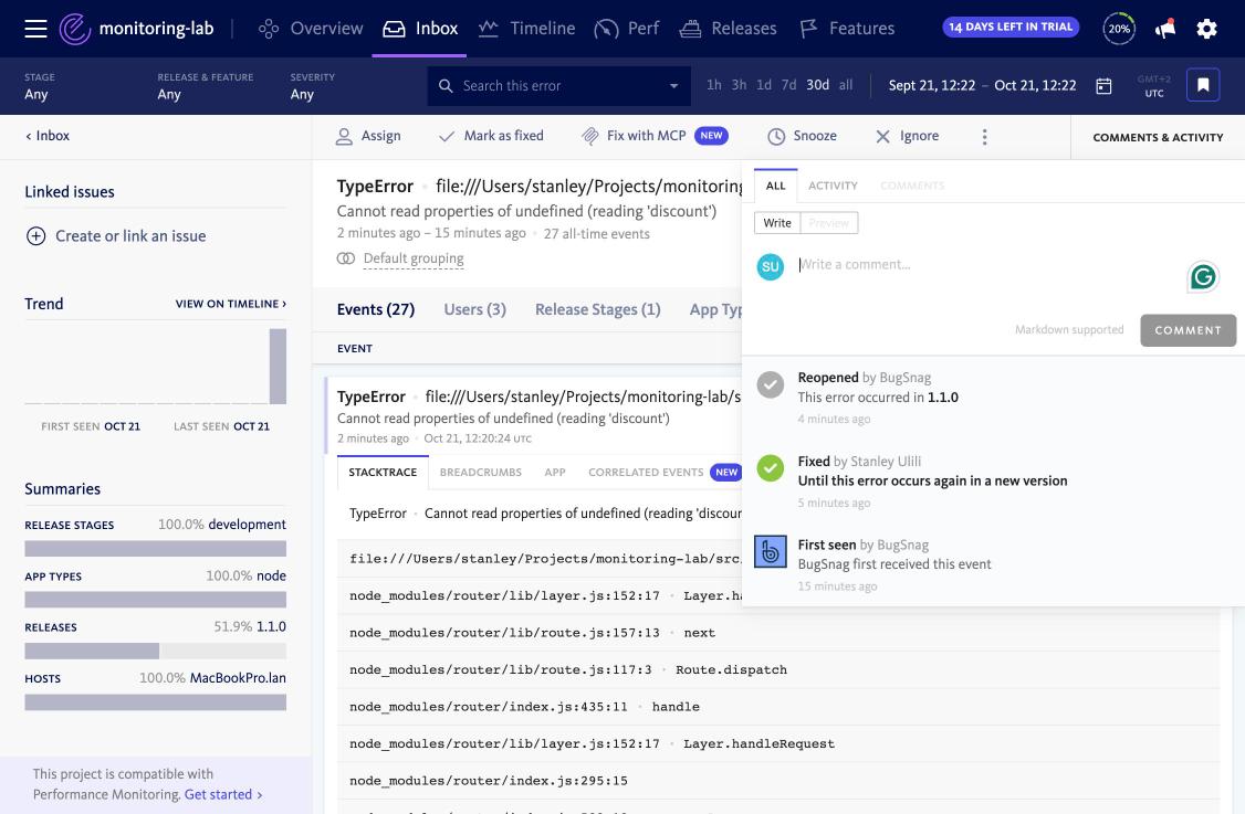 BugSnag activity showing the coupon error reopened in 1.1.0