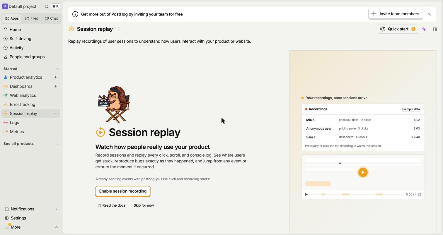 PostHog project settings with session replay switched off