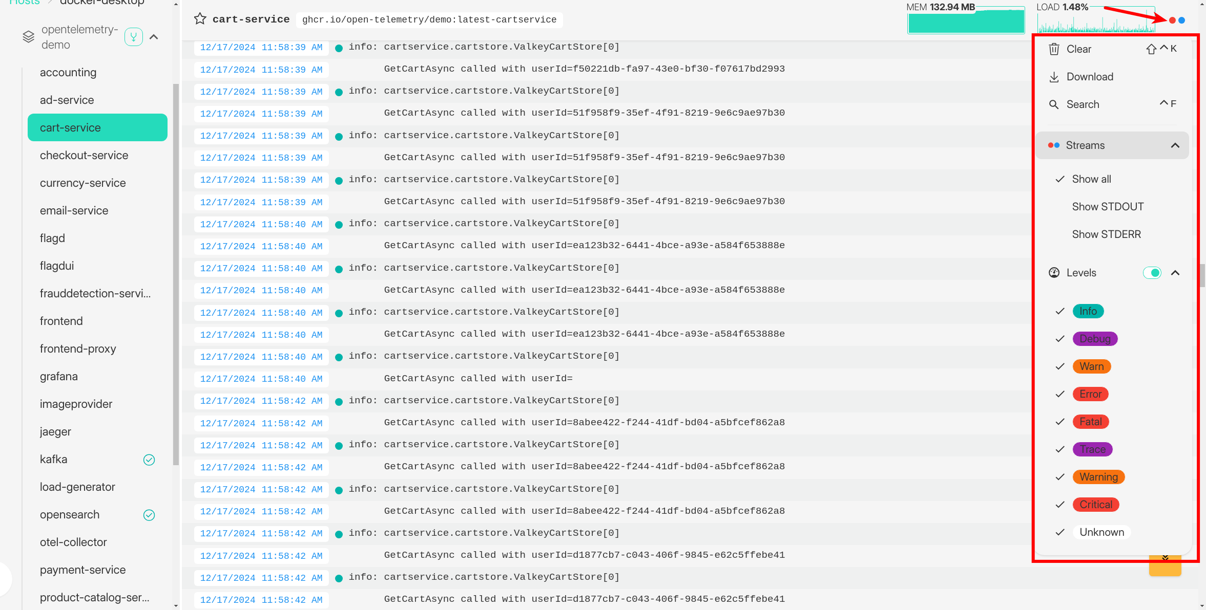 Dozzle showing container log options