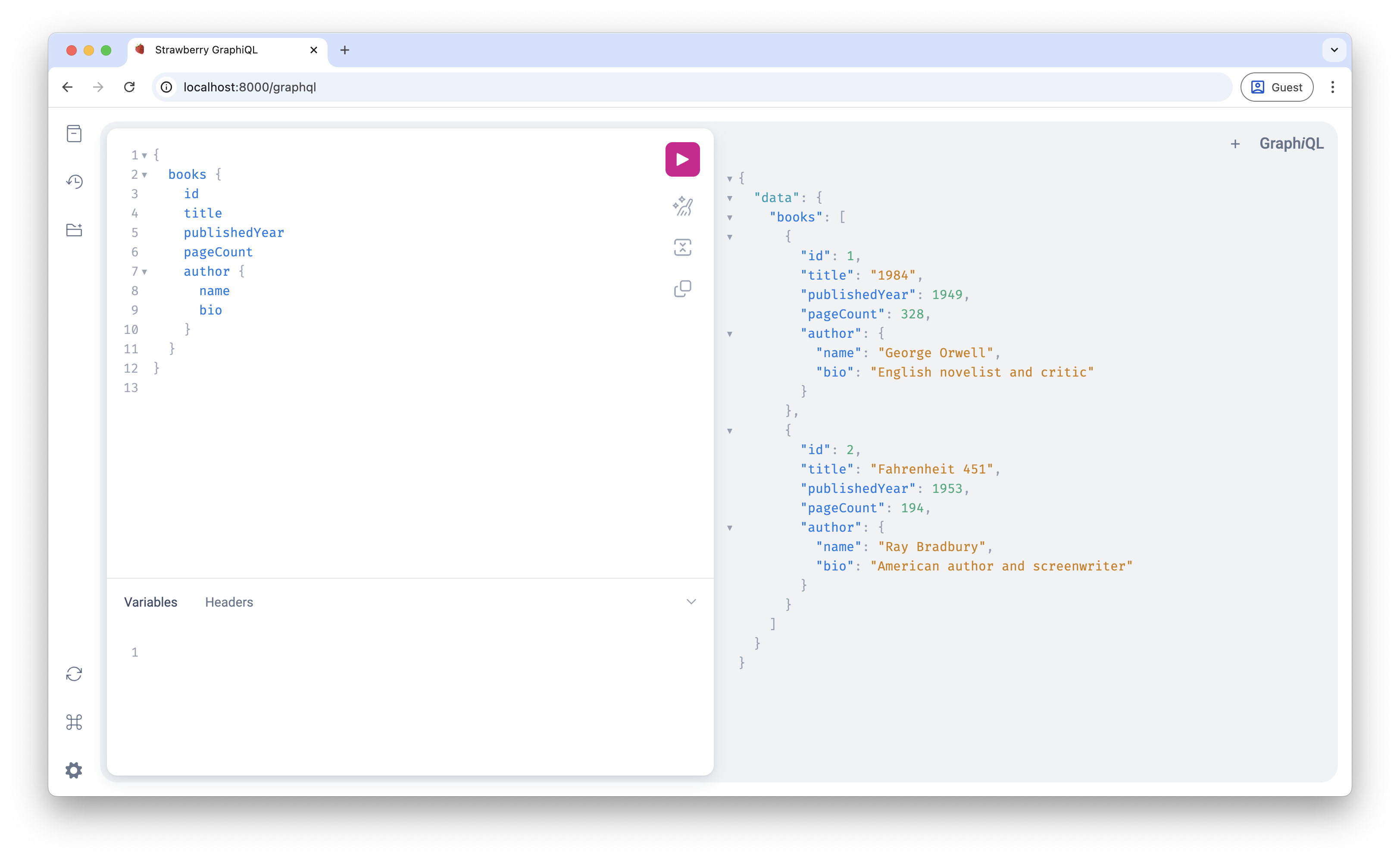 Screenshot in the GraphQL interface showing the author information populated