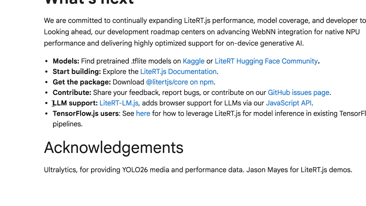A screenshot from Google's announcement highlighting the upcoming LLM support via LiteRT-LM.js.