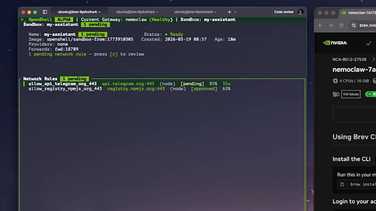The OpenShell terminal interface showing a pending network rule requiring manual approval