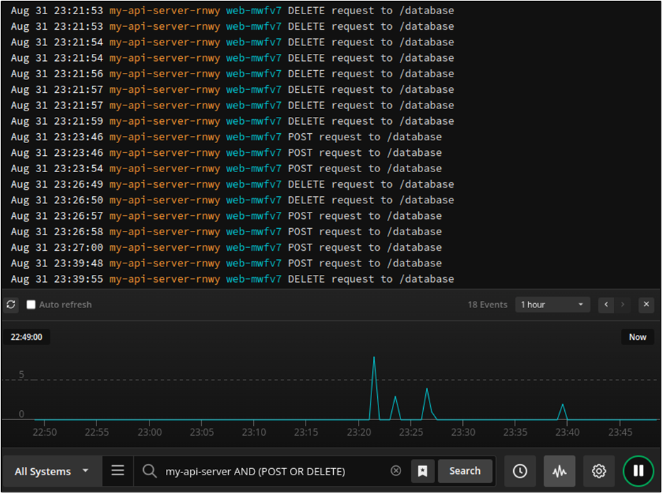 Screenshot of Papertrail event viewer system