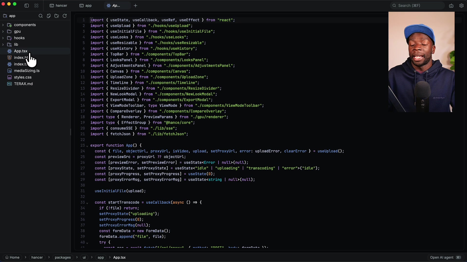 Terax interface showing an App.tsx file in the built-in code editor which has replaced the terminal view