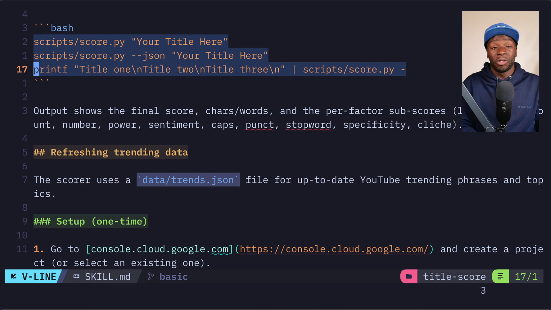 Content of a SKILL.md file showing how instructions and bash commands are defined for the agent